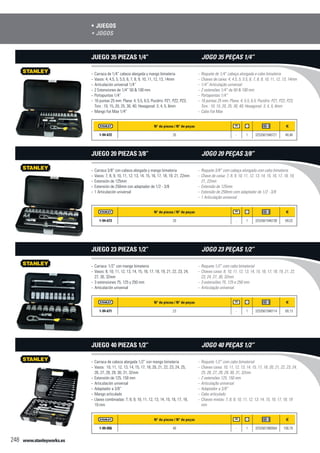 www.stanleyworks.es248
Juegos•	
N° de piezas / N° de peças f
1-94-672 35 - 1 3253561946721 48,46
Carraca de 1/4” cabeza alargada y mango bimateria--
Vasos: 4, 4.5, 5, 5.5, 6, 7, 8, 9, 10, 11, 12, 13, 14mm--
Articulación universal 1/4’’--
2 Extensiones de 1/4” 50 & 100 mm--
Portapuntas 1/4”--
16 puntas 25 mm: Plana: 4, 5.5, 6.5; Pozidriv: PZ1, PZ2, PZ3;--
Torx : 10, 15, 20, 25, 30, 40; Hexagonal: 3, 4, 5, 6mm
Mango Fat Max 1/4”--
Juego 35 piezas 1/4”
N° de piezas / N° de peças f
1-94-673 20 - 1 3253561946738 69,02
Carraca 3/8” con cabeza alargada y mango bimateria--
Vasos: 7, 8, 9, 10, 11, 12, 13, 14, 15, 16, 17, 18, 19, 21, 22mm--
Extensión de 125mm--
Extensión de 250mm con adaptador de 1/2 - 3/8--
1 Articulación universal--
Juego 20 piezas 3/8”
N° de piezas / N° de peças f
1-94-671 23 - 1 3253561946714 69,13
Carraca 1/2” con mango bimateria--
Vasos: 8, 10, 11, 12, 13, 14, 15, 16, 17, 18, 19, 21, 22, 23, 24,--
27, 30, 32mm
3 extensiones 75, 125 y 250 mm--
Articulación universal--
Juego 23 piezas 1/2”
N° de piezas / N° de peças f
1-99-056 40 - 1 3253561990564 100,79
Carraca de cabeza alargada 1/2” con mango bimateria--
Vasos: 10, 11, 12, 13, 14, 15, 17, 18, 20, 21, 22, 23, 24, 25,--
26, 27, 28, 29, 30, 31, 32mm
Extensión de 125, 150 mm--
Articulación universal--
Adaptador a 3/8”--
Mango articulado--
Llaves combinadas: 7, 8, 9, 10, 11, 12, 13, 14, 15, 16, 17, 18,--
19 mm
Juego 40 piezas 1/2”
Jogos•	
Roquete de 1/4” cabeça alongada e cabo bimateria--
Chaves de caixa: 4, 4.5, 5, 5.5, 6, 7, 8, 9, 10, 11, 12, 13, 14mm--
1/4’’ Articulação universal--
2 extensões 1/4” de 50 & 100 mm--
Portapontas 1/4”--
16 pontas 25 mm: Plana: 4, 5.5, 6.5; Pozidriv: PZ1, PZ2, PZ3;--
Torx : 10, 15, 20, 25, 30, 40; Hexagonal: 3, 4, 5, 6mm
Cabo Fat Max--
Jogo 35 peças 1/4”
Roquete 3/8” com cabeça alongada com cabo bimateria--
Chave de caixa: 7, 8, 9, 10, 11, 12, 13, 14, 15, 16, 17, 18, 19,--
21, 22mm
Extensão de 125mm--
Extensão de 250mm com adaptador de 1/2 - 3/8--
1 Articulação universal--
Jogo 20 peças 3/8”
Roquete 1/2” com cabo bimaterial--
Chaves caixa: 8, 10, 11, 12, 13, 14, 15, 16, 17, 18, 19, 21, 22,--
23, 24, 27, 30, 32mm
3 extensiões 75, 125 e 250 mm--
Articulação universal--
Jogo 23 peças 1/2”
Roquete 1/2” com cabo bimaterial--
Chaves caixa: 10, 11, 12, 13, 14, 15, 17, 18, 20, 21, 22, 23, 24,--
25, 26, 27, 28, 29, 30, 31, 32mm
2 extensões 125, 150 mm--
Articulação universal--
Adaptador a 3/8”--
Cabo articulado--
Chaves mixtas: 7, 8, 9, 10, 11, 12, 13, 14, 15, 16, 17, 18, 19--
mm
Jogo 40 peças 1/2”
 