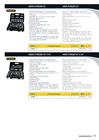 www.stanleyworks.es 249
N° de piezas / N° de peças f
1-94-670 72 - 1 3253561946707 111,78
Carraca de cabeza alargada 1/2” con mango bimateria--
Vasos: 10, 11, 12, 13, 14, 15, 16, 17, 18, 19, 20, 21, 22, 24,--
27, 30, 32mm
Vasos largos: 10, 11, 12, 13, 14, 15, 17, 18, 19, 22mm--
2 Llaves para bujía: 16, 21mm--
Extensión de 125 mm--
Extensión de 250 mm con aumentador--
Articulación universal--
Portapuntas con adaptador de 5/16” a 1/2”.--
Portapuntas 1/4”--
Mango atornillador Fat Max--
23 puntas 1/4” de 25 mm: Hexagonal: 4, 5, 6, 8 mm - Plana:--
8, 10, 12 mm - Philips: PH1, PH2, PH3 - Pozidriv: PZ1, PZ2,
PZ3 - Torx: T20, T25, T27, T30, T40 - Torx inviolable: T20, T25,
T27, T30, T40
16 puntas 5/16” de 25 mm: Hexagonal: 10, 12, 14mm - Plana:--
10, 12, 14mm - Philips: PH4 - PZ4 - Torx: T45, T50, T55, T60
- Torx inviolable: T45, T50, T55, T60
Juego 72 piezas 1/2”
N° de piezas / N° de peças f
1-94-669 77 - 1 3253561946691 117,98
Carraca de cabeza alargada 1/2” con mango bimateria--
16 vasos 1/2” 6 caras : 10, 11, 12, 13, 14, 15, 16, 17, 18, 19,--
21, 22, 24, 27, 30, 32mm
2 vasos para bujía 1/2”: 16, 21mm--
1 Extensión 125mm--
1 Extensión 250mm con mango corredizo--
Articulación universal--
Carraca de cabeza alargada 1/4” con mango bimateria--
14 vasos 1/4” 6 caras: 3.5, 4, 4.5, 5, 5.5, 6, 7, 8, 9, 10, 11, 12,--
13, 14mm
3 vasos largos 1/4” 6 caras: 8, 10, 13mm--
1 Extensión 100mm--
Articulación universal--
1 Portapuntas 1/4”--
Portapuntas con mango bimateria FatMax--
31 puntas 25mm: Hexagonal: 3, 4, 5, 6, 8 mm - Plana: 4, 4.5,--
5, 5.5, 6, 6.5, 8mm - Phillips: 0, 1, 2, 3 – Pozidriv: PZ1, PZ2,
PZ3 - Torx: T10, T15, T20, T25, T30, T40 - Torx inviolable: T10,
T15, T20, T25, T30, T40
Juego 77 piezas 1/4” y 1/2”
Roquete de 1/2” cabeça alongada e cabo bimateria--
Chaves de caixa: 10, 11, 12, 13, 14, 15, 16, 17, 18, 19, 20, 21,--
22, 24, 27, 30, 32mm
Chaves de caixa longas: 10, 11, 12, 13, 14, 15, 17, 18, 19,--
22mm
Chave para velas: 16, 21mm--
Extensão de 125mm--
Extensão de 250mm com adaptador--
Articulação universal--
Portapontas com adaptador 5/16” a 1/2”--
Portapontas 1/4”--
Cabo chave de fenda FatMax--
23 pontas 1/4” de 25mm: Hexagonal: 4, 5, 6, 8 mm - Plana:--
8, 10, 12 mm - Philips: PH1, PH2, PH3 - Pozidriv: PZ1, PZ2,
PZ3 - Torx: T20, T25, T27, T30, T40 - Torx inviolável : T20, T25,
T27, T30, T40
16 pontas 5/16” de 25mm: Hexagonal: 10, 12, 14mm - Plana;--
10, 12, 14mm - Philips: PH4 - PZ4 - Torx: T45, T50, T55, T60
- Torx inviolable: T45, T50, T55, T60
Jogo 72 peças 1/2”
Roquete cabeça alongada 1/2” com cabo bimateria--
16 chaves de caixa 1/2” 6PT : 10, 11, 12, 13, 14, 15, 16, 17,--
18, 19, 21, 22, 24, 27, 30, 32mm
2 chaves de caixa para velas 1/2”: 16, 21mm--
1 Extensão 125mm--
1 Extensão 250mm com cabo corrediço--
Articulação universal--
Roquete cabeça alongada 1/4” com cabo bimateria--
14 chaves de caixa 1/4” 6 PT: 3.5, 4, 4.5, 5, 5.5, 6, 7, 8, 9, 10,--
11, 12, 13, 14mm
3 chaves de caixa longas 1/4” 6 caras: 8, 10, 13mm--
1 Extensão 100mm--
Articulação universal--
1 Portapontas 1/4”--
Portapontas com cabo bimateria FatMax--
31 pontas 25mm: Hexagonal: 3, 4, 5, 6, 8 mm - Plana: 4, 4.5,--
5, 5.5, 6, 6.5, 8mm - Phillips: 0, 1, 2, 3 – Pozidriv: PZ1, PZ2,
PZ3 - Torx: T10, T15, T20, T25, T30, T40 - Torx inviolável: T10,
T15, T20, T25, T30, T40
Jogo 77 peças 1/4” e 1/2”
 