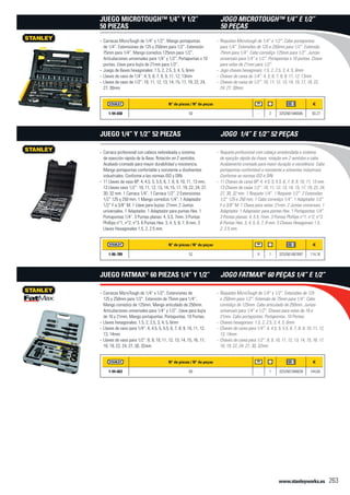 www.stanleyworks.es 263
N° de piezas / N° de peças f
1-94-658 50 - 2 3253561946585 93,27
Carracas MicroTough de 1/4” y 1/2”. Mango portapuntas--
de 1/4”. Extensiones de 125 y 250mm para 1/2”. Extensión
75mm para 1/4”. Mango corredizo 125mm para 1/2”.
Articulaciones universales para 1/4” y 1/2”. Portapuntas x 10
puntas. Llave para bujía de 21mm para 1/2”.
Juego de llaves hexagonales: 1.5, 2, 2.5, 3, 4, 5, 6mm--
Llaves de vaso de 1/4”: 4, 5, 6, 7, 8, 9, 11, 12, 13mm--
Llaves de vaso de 1/2”: 10, 11, 12, 13, 14, 15, 17, 19, 22, 24,--
27, 30mm
Juego MicroTough™ 1/4” y 1/2”
50 piezas
N° de piezas / N° de peças f
1-86-789 52 X 1 3253561867897 114,16
Carraca profesional con cabeza redondeada y sistema--
de eyección rápida de la llave. Rotación en 2 sentidos.
Acabado cromado para mayor durabilidad y resistencia.
Mango portapuntas confortable y resistente a disolventes
industriales. Conforme a las normas ISO y DIN.
11 Llaves de vaso 6P: 4, 4.5, 5, 5.5, 6, 7, 8, 9, 10, 11, 13 mm.--
13 Llaves vaso 1/2”: 10, 11, 12, 13, 14, 15, 17, 19, 22, 24, 27,
30, 32 mm. 1 Carraca 1/4”. 1 Carraca 1/2”. 2 Extensiones
1/2” 125 y 250 mm. 1 Mango corredizo 1/4”. 1 Adaptador
1/2” F a 3/8” M. 1 Llave para bujías: 21mm. 2 Juntas
universales. 1 Adaptador. 1 Adaptador para puntas Hex. 1
Portapuntas 1/4”. 3 Puntas planas: 4, 5.5, 7mm. 3 Puntas
Phillips n°1, n°2, n°3. 6 Puntas Hex: 3, 4, 5, 6, 7, 8 mm. 3
Llaves Hexagonales 1.5, 2, 2.5 mm.
Juego 1/4” y 1/2” 52 Piezas
N° de piezas / N° de peças f
1-94-663 60 - 1 3253561946639 144,60
Carracas MicroTough de 1/4” y 1/2”. Extensiones de--
125 y 250mm para 1/2”. Extensión de 75mm para 1/4”.
Mango corredizo de 125mm. Mango articulado de 250mm.
Articulaciones universales para 1/4” y 1/2”. Llave para bujía
de 16 y 21mm. Mango portapuntas. Portapuntas. 10 Puntas.
Llaves hexagonales: 1.5, 2, 2.5, 3, 4, 5, 6mm--
Llaves de vaso para 1/4”: 4, 4.5, 5, 5.5, 6, 7, 8, 9, 10, 11, 12,--
13, 14mm
Llaves de vaso para 1/2”: 8, 9, 10, 11, 12, 13, 14, 15, 16, 17,--
18, 19, 22, 24, 27, 30, 32mm
Juego FatMax®
60 piezas 1/4” y 1/2”
Roquetes Microtough de 1/4” e 1/2”. Cabo portapontas--
para 1/4”. Extensões de 125 e 250mm para 1/2”. Extensão
75mm para 1/4”. Cabo corrediço 125mm para 1/2”. Juntas
universais para 1/4” e 1/2”. Portapontas x 10 pontas. Chave
para velas de 21mm para 1/2”.
Jogo chaves hexagonais: 1.5, 2, 2.5, 3, 4, 5, 6mm--
Chaves de caixa de 1/4”: 4, 5, 6, 7, 8, 9, 11, 12, 13mm--
Chaves de caixa de 1/2”: 10, 11, 12, 13, 14, 15, 17, 19, 22,--
24, 27, 30mm
Jogo MicroTough™ 1/4” e 1/2”
50 peças
Roquete profissional com cabeça arredondada e sistema--
de ejecção rápida da chave, rotação em 2 sentidos e cabo.
Acabamento cromado para maior duração e resistência. Cabo
portapontas confortável e resistente a solventes industriais.
Conforme as normas ISO e DIN.
11 Chaves de caixa 6P: 4, 4.5, 5, 5.5, 6, 7, 8, 9, 10, 11, 13 mm.--
13 Chaves de caixa 1/2”: 10, 11, 12, 13, 14, 15, 17, 19, 22, 24,
27, 30, 32 mm. 1 Roquete 1/4”. 1 Roquete 1/2”. 2 Extensões
1/2” 125 e 250 mm. 1 Cabo corrediço 1/4”. 1 Adaptador 1/2”
F a 3/8” M. 1 Chave para velas: 21mm. 2 Juntas universais. 1
Adaptador. 1 Adaptador para pontas Hex. 1 Portapontas 1/4”.
3 Pontas planas: 4, 5.5, 7mm. 3 Pontas Phillips n°1, n°2, n°3.
6 Pontas Hex: 3, 4, 5, 6, 7, 8 mm. 3 Chaves Hexagonais 1.5,
2, 2.5 mm.
Jogo 1/4” e 1/2” 52 Peças
Roquetes MicroTough de 1/4” y 1/2”. Extensões de 125--
e 250mm para 1/2”. Extensão de 75mm para 1/4”. Cabo
corrediço de 125mm. Cabo articulado de 250mm. Juntas
universais para 1/4” e 1/2”. Chaves para velas de 16 e
21mm. Cabo portapontas. Portapontas. 10 Pontas.
Chaves hexagonais: 1.5, 2, 2.5, 3, 4, 5, 6mm--
Chaves de caixa para 1/4”: 4, 4.5, 5, 5.5, 6, 7, 8, 9, 10, 11, 12,--
13, 14mm
Chaves de caixa para 1/2”: 8, 9, 10, 11, 12, 13, 14, 15, 16, 17,--
18, 19, 22, 24, 27, 30, 32mm
Jogo FatMax®
60 peças 1/4” e 1/2”
 