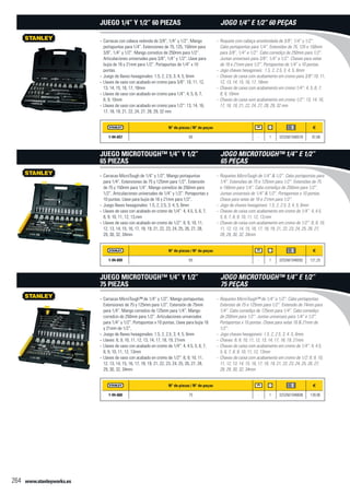 www.stanleyworks.es264
N° de piezas / N° de peças f
1-94-657 60 - 1 3253561946578 87,86
Carracas con cabeza redonda de 3/8”, 1/4” y 1/2”. Mango--
portapuntas para 1/4”. Extensiones de 75, 125, 150mm para
3/8”, 1/4” y 1/2”. Mango corredizo de 250mm para 1/2”.
Articulaciones universales para 3/8”, 1/4” y 1/2”. Llave para
bujía de 16 y 21mm para 1/2”. Portapuntas de 1/4” x 10
puntas.
Juego de llaves hexagonales: 1.5, 2, 2.5, 3, 4, 5, 6mm--
Llaves de vaso con acabado en cromo para 3/8”: 10, 11, 12,--
13, 14, 15, 16, 17, 18mm
Llaves de vaso con acabado en cromo para 1/4”: 4, 5, 6, 7,--
8, 9, 10mm
Llaves de vaso con acabado en cromo para 1/2”: 13, 14, 16,--
17, 18, 19, 21, 22, 24, 27, 28, 29, 32 mm
Juego 1/4” y 1/2” 60 piezas
N° de piezas / N° de peças f
1-94-659 65 - 1 3253561946592 121,25
Carracas MicroTough de 1/4” y 1/2”. Mango portapuntas--
para 1/4”. Extensiones de 75 y 125mm para 1/2”. Extensión
de 75 y 150mm para 1/4”. Mango corredizo de 250mm para
1/2”. Articulaciones universales de 1/4” y 1/2”. Portapuntas x
10 puntas. Llave para bujía de 16 y 21mm para 1/2”.
Juego llaves hexagonales: 1.5, 2, 2.5, 3, 4, 5, 6mm--
Llaves de vaso con acabado en cromo de 1/4”: 4, 4.5, 5, 6, 7,--
8, 9, 10, 11, 12, 13,mm
Llaves de vaso con acabado en cromo de 1/2”: 8, 9, 10, 11,--
12, 13, 14, 15, 16, 17, 18, 19, 21, 22, 23, 24, 25, 26, 27, 28,
29, 30, 32, 34mm
Juego MicroTough™ 1/4” y 1/2”
65 piezas
N° de piezas / N° de peças f
1-94-660 75 - 1 3253561946608 139,90
Carracas MicroTough™ de 1/4” y 1/2”. Mango portapuntas.--
Extensiones de 75 y 125mm para 1/2”. Extensión de 75mm
para 1/4”. Mango corredizo de 125mm para 1/4”. Mango
corredizo de 250mm para 1/2”. Articulaciones universales
para 1/4” y 1/2”. Portapuntas x 10 puntas. Llave para bujía 16
y 21mm de 1/2”.
Juego de llaves hexagonales: 1.5, 2, 2.5, 3, 4, 5, 6mm--
Llaves: 8, 9, 10, 11, 12, 13, 14, 17, 18, 19, 21mm--
Llaves de vaso con acabado en cromo de 1/4”: 4, 4.5, 5, 6, 7,--
8, 9, 10, 11, 12, 13mm
Llaves de vaso con acabado en cromo de 1/2”: 8, 9, 10, 11,--
12, 13, 14, 15, 16, 17, 18, 19, 21, 22, 23, 24, 25, 26, 27, 28,
29, 30, 32, 34mm
Juego MicroTough™ 1/4” y 1/2”
75 piezas
Roquete com cabeça arredondada de 3/8”, 1/4” y 1/2”.--
Cabo portapontas para 1/4”. Extensões de 75, 125 e 150mm
para 3/8”, 1/4” e 1/2”. Cabo corrediço de 250mm para 1/2”.
Juntas universais para 3/8”, 1/4” e 1/2”. Chaves para velas
de 16 e 21mm para 1/2”. Portapontas de 1/4” x 10 pontas.
Jogo chaves hexagonais: 1.5, 2, 2.5, 3, 4, 5, 6mm--
Chaves de caixa com acabamento em cromo para 3/8”:10, 11,--
12, 13, 14, 15, 16, 17, 18mm
Chaves de caixa com acabamento em cromo 1/4”: 4, 5, 6, 7,--
8, 9, 10mm
Chaves de caixa xom acabamento em cromo 1/2”: 13, 14, 16,--
17, 18, 19, 21, 22, 24, 27, 28, 29, 32 mm
Jogo 1/4” e 1/2” 60 peças
Roquetes MicroTough de 1/4” & 1/2”. Cabo portapontas para--
1/4”. Extensões de 75 e 125mm para 1/2”. Extensões de 75
e 150mm para 1/4”. Cabo corrediço de 250mm para 1/2”.
Juntas universais de 1/4” & 1/2”. Portapontas x 10 pontas.
Chave para velas de 16 e 21mm para 1/2”.
Jogo de chaves hexagonais: 1.5, 2, 2.5, 3, 4, 5, 6mm--
Chaves de caixa com acabamento em cromo de 1/4”: 4, 4.5,--
5, 6, 7, 8, 9, 10, 11, 12, 13,mm
Chaves de caixa com acabamento em cromo de 1/2”: 8, 9, 10,--
11, 12, 13, 14, 15, 16, 17, 18, 19, 21, 22, 23, 24, 25, 26, 27,
28, 29, 30, 32, 34mm
Jogo MicroTough™ 1/4” e 1/2”
65 peças
Roquetes MicroTough™ de 1/4” e 1/2”. Cabo portapontas.--
Extenses de 75 e 125mm para 1/2”. Extensão de 74mm para
1/4”. Cabo corrediço de 125mm para 1/4”. Cabo corrediço
de 250mm para 1/2”. Juntas universais para 1/4” e 1/2”.
Portapontas x 10 pontas. Chave para velas 16 & 21mm de
1/2”.
Jogo chaves hexagonais: 1.5, 2, 2.5, 3, 4, 5, 6mm--
Chaves: 8, 9, 10, 11, 12, 13, 14, 17, 18, 19, 21mm--
Chaves de caixa com acabamento em cromo de 1/4”: 4, 4.5,--
5, 6, 7, 8, 9, 10, 11, 12, 13mm
Chaves de caixa com acabamento em cromo de 1/2: 8, 9, 10,--
11, 12, 13, 14, 15, 16, 17, 18, 19, 21, 22, 23, 24, 25, 26, 27,
28, 29, 30, 32, 34mm
Jogo MicroTough™ 1/4” e 1/2”
75 peças
 