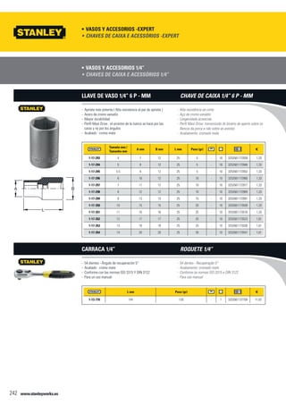 www.stanleyworks.es242
Vasos y accesorios -Expert•	
Vasos y accesorios 1/4”•	
Tamaño mm /
Tamanho mm
A mm B mm L mm Peso (gr) f
1-17-293 4 7 12 25 5 - 10 3253561172939 1,33
1-17-294 5 8 12 25 5 - 10 3253561172946 1,33
1-17-295 5,5 9 12 25 5 - 10 3253561172953 1,33
1-17-296 6 10 12 25 10 - 10 3253561172960 1,33
1-17-297 7 11 12 25 10 - 10 3253561172977 1,33
1-17-298 8 12 12 25 10 - 10 3253561172984 1,33
1-17-299 9 13 13 25 15 - 10 3253561172991 1,33
1-17-350 10 15 15 25 20 - 10 3253561173509 1,33
1-17-351 11 16 16 25 25 - 10 3253561173516 1,33
1-17-352 12 17 17 25 25 - 10 3253561173523 1,61
1-17-353 13 18 18 25 25 - 10 3253561173530 1,61
1-17-354 14 20 20 25 35 - 10 3253561173547 1,61
- Apriete más potente ( Alta resistencia al par de apriete )
- Acero de cromo vanadio
- Mayor durabilidad
- Perfil Maxi Drive : el arrastre de la tuerca se hace por las
caras y no por los ángulos
- Acabado : cromo mate
Llave de vaso 1/4” 6 P - mm
L mm Peso (gr) f
1-13-770 144 120 - 1 3253561137709 11,62
- 54 dientes - Ángulo de recuperación 5°
- Acabado : cromo mate
- Conforme con las normas ISO 3315 Y DIN 3122
- Para un uso manual
Carraca 1/4”
Chaves de caixa e acessórios -Expert•	
Chaves de caixa e acessórios 1/4”•	
- Alta resistência ao corte
- Aço de cromo-vanádio
- Longevidade acrescida
- Perfil Maxi Drive: transmissão do binário de aperto sobre os
flancos da porca e não sobre as arestas
- Acabamento: cromado mate
Chave de caixa 1/4” 6 P - mm
- 54 dentes - Recuperação 5°
- Acabamento: cromado mate
- Conforme às normas ISO 3315 e DIN 3122
- Para uso manual
Roquete 1/4”
 