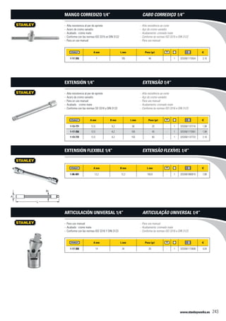 www.stanleyworks.es 243
A mm L mm Peso (gr) f
1-17-360 14 34 20 - 1 3253561173608 4,04
- Para uso manual
- Acabado : cromo mate
- Conforme con las normas ISO 3316 Y DIN 3123
Articulación universal 1/4”
A mm L mm Peso (gr) f
1-17-355 7 105 40 - 1 3253561173554 3,10
- Alta resistencia al par de apriete
- Acero de cromo vanadio
- Acabado : cromo mate
- Conforme con las normas ISO 3315 et DIN 3122
- Para un uso manual
Mango corredizo 1/4”
A mm B mm L mm Peso (gr) f
1-13-771 12,5 8,2 50 20 - 1 3253561137716 1,99
1-17-356 12,5 8,2 100 45 - 1 3253561173561 1,99
1-13-772 12,5 8,2 150 60 - 1 3253561137723 2,10
- Alta resistencia al par de apriete
- Acero de cromo vanadio
- Para un uso manual
- Acabado : cromo mate
- Conforme con las normas SO 3316 y DIN 3123
Extensión 1/4”
A mm B mm L mm f
1-86-001 12,2 12,2 150,0 - 1 3253561860010 7,80
Extensión Flexible 1/4”
- Para uso manual
- Acabamento: cromado mate
- Conforme às normas ISO 3316 e DIN 3123
Articulação universal 1/4”
- Alta resistência ao corte
- Aço de cromo-vanádio
- Acabamento: cromado mate
- Conforme às normas ISO 3315 e DIN 3122
- Para uso manual
Cabo corrediço 1/4”
- Alta resistência ao corte
- Aço de cromo-vanádio
- Para uso manual
- Acabamento: cromado mate
- Conforme às normas ISO 3316 e DIN 3123
Extensão 1/4”
Extensão Flexível 1/4”
 