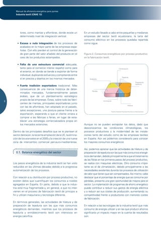 Manual de eficiencia energética para pymes
      Industria textil (CNAE 13)




          tores, como mantas y alfombras, donde existe un           En un estudio llevado a cabo entre pequeñas y medianas
          determinado nivel de integración vertical.                empresas del sector textil ecuatoriano, la tarta del
                                                                    consumo eléctrico en los procesos quedaba repartida
        •	 Escasa o nula integración	 de los procesos de            como sigue.
           acabados en la mayor parte de las empresas espa-
           ñolas. Con ello pierden el control de la generación
           de gran parte del valor añadido del producto en el       Figura 2. Consumos energéticos por proceso productivo
           caso de los productos estampados.                        en la fabricación textil.

        •	 Falta de una estructura comercial adecuada,
           tanto para el comercio interior español como para                                               Climatización
           el exterior, en donde se tiende a exportar de forma
           individual, duplicando esfuerzos y compitiendo entre
                                                                                                                Tejeduría
           sí en precios y diseños en los mismos mercados.               Acabados

                                                                                                                                    Preparación
                                                                                                                                    tejeduría
        •	 Fuerte tradición exportadora tradicional. Más
           consecuencia de una inercia histórica de deter-
                                                                           Pérdida
           minados mercados, fundamentalmente países
           árabes, que de un planteamiento estratégico
           propio de las empresas. Éstas, sobre todo las fabri-
8                                                                                     Iluminación
           cantes de mantas, principales exportadoras junto
                                                                                                                        Hilatura
           con las de alfombras, han adoptado en el pasado,
           salvo excepciones, una postura pasiva frente a la                                    Fuente: Estudio Empresa Vicunha-La Internacional.
           exportación, esperando a que el cliente viniera a
           comprar a las fábricas o ferias, en lugar de esta-
           blecer una estrategia comercializadora propia en
           los mercados exteriores.                                 Aunque no se pueden extrapolar los datos, dado que
                                                                    desconocemos las condiciones climatológicas, los
    Dentro de los principales desafíos que se le plantean al        procesos productivos y la modernidad de las instala-
    sector destacan, la reciente ampliación de la UE, la elimina-   ciones tanto del estudio como de las empresas textiles
    ción de los aranceles en el 2005 y la creación de una nueva     en España. Aún así podemos considerarlo para conocer
    zona de intercambio comercial pan-euro-mediterránea.            los mayores consumos energéticos

                                                                    Así, podemos apreciar que las actividades de hilatura y de
      0.1. Balance energético del sector                            preparación de tejeduría son las que más consumos energé-
                                                                    ticos demandan, debido principalmente a que el tratamiento
                                                                    de las fibras en los primeros pasos del proceso productivo,
    Los pesos energéticos de la industria textil se han visto       se realiza con maquinas eléctricas. Otro consumo impor-
    reducidos en las últimas décadas debido a la progresiva         tante es el de climatización, debido principalmente a las
    automatización de los procesos.                                 necesidades existentes durante los procesos de utilización
                                                                    de calor que tienen que ser compensados. Así mismo, cabe
    Con relación a su distribución por proceso productivo, no       destacar que el porcentaje de energía que se consume por
    existen datos que cuantifiquen los consumos a niveles           pérdidas, presenta una gran oportunidad de mejora para el
    agregados en España. En parte, debido a que la indus-           sector. La implantación de programas de ahorro energético
    tria está muy fragmentada y, en general, a que no inter-        puede contribuir a reducir sus gastos de energía eléctrica
    vienen en el proceso de fabricación textil de principio a       y a reducir así sus costes de producción, aumentando su
    fin y utilizan maquinaria y tecnología diferente.               competitividad frente a productores con menores costes
                                                                    de fabricación.
    En términos generales, las actividades de hilatura y de
    preparación de tejeduría son las que más consumos               En relación a las tecnologías de la industria textil que más
    energéticos demandan, mientras que los procesos de              consumo de energía utilizan y en las que producir ahorros
    tejeduría y ennoblecimiento textil son intensivos en            significaría un impacto mayor en la cuenta de resultados
    energía calorífica.                                             son:
 