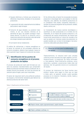 •	 Equipos	 eléctricos	 y	 motores	 que	 componen	 las	         En los últimos años, el sector ha incorporado al proceso
       diferentes maquinarias utilizadas en los procesos            productivo la tecnología textil, que engloba no sólo las
       productivos.                                                 máquinas, sino, además, los sistemas productivos en
                                                                    su concepción más amplia, incluyendo maquinaria, y
    •	 La	generación	de	calor,	especialmente	las	calderas	          también los sistemas de gestión de los procesos: calidad,
       para producir vapor de agua.                                 diseño, control, etc.

    •	 Consumo	 de	 agua	 elevada	 y	 su	 posterior	 trata-         La incorporación de nuevos avances tecnológicos y
       miento, al ser una industria intensiva en la                 científicos se está produciendo en el ámbito de los
       demanda de agua. Se pueden conseguir impor-                  materiales, en la mejora del proceso productivo y en
       tantes ahorros, no sólo en su consumo, sino a                el desarrollo de nuevos componentes, de manera que
       través de la reducción de cánones y de la demanda            le permitirán posicionarse en nichos de mercado a los
       de energía necesaria para calentarla.                        que los países con menores costes de producción no
                                                                    pueden acceder, por no tener la tecnología ni los cono-
    •	 Iluminación	de	las	instalaciones.	                           cimientos adecuados para desarrollarlos.

El análisis de ineficiencias y mejoras energéticas en
el sector se centrará en los principales sistemas de                   1.1. Materias primas para la elaboración
consumo energético, debido a que cualquier mejora en                        de tejidos
ellos supondrá mayor impacto en la reducción de costes.	
                                                                                                                                   9

                                                                    Tradicionalmente, la industria textil solo utilizaba
       Identificación de los puntos de
1      consumo energéticos en el proceso
                                                                    materias primas naturales de origen vegetal y animal.
                                                                    Posteriormente, la proporción de fibras artificiales
       productivo de tejidos                                        y, más adelante, fibras totalmente sintéticas, como
                                                                    poliamida y poliéster, provenientes todas ellas del
El proceso de producción textil está formado por una                petróleo, han ido ganando terreno en la producción
serie de procesos interrelacionados que comprenden                  de tejidos.
desde la producción de fibras hasta la confección de un
variado conjunto de prendas, así como de artículos de               El proceso de tratamiento de fibras textiles para
vestuario para el hogar y para usos industriales.                   producir tejidos varía según la fibra que se vaya
                                                                    a tratar, pero, en general, existen cuatro grandes
El sector de maquinaria textil y de confección produce              procesos en la industria: hilandería, teñido, tejido y
los equipos y herramientas necesarios para fabricar los             ennoblecimiento textil.
diversos productos del sector textil.



Tabla 1. Clasificación de fibras textiles.



                                             Minerales

                                                                                 El algodón procede de la semilla
          NATURALES                          Vegetales                           El yute, el cáñamo y el lino proceden del tallo
                                                                                 De la hoja proceden la pita y el esparto

                                             Animales                            Lana y pelos (de cabra, camello, conejo, etc.)



          ARTIFICIALES                       Rayón nitrato, rayón cuproamoniacal y rayón viscosa.



          SINTÉTICAS                         Nylon, poliéster, acrílicas, etc.
 