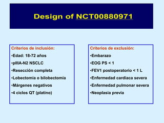Criterios de inclusión:

Criterios de exclusión:

•Edad: 18-72 años

•Embarazo

•pIIIA-N2 NSCLC

•EOG PS < 1

•Resección completa

•FEV1 postoperatorio < 1 L

•Lobectomía o bilobectomía

•Enfermedad cardiaca severa

•Márgenes negativos

•Enfermedad pulmonar severa

•4 ciclos QT (platino)

•Neoplasia previa

 
