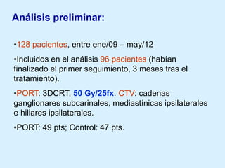 Análisis preliminar:
•128 pacientes, entre ene/09 – may/12
•Incluidos en el análisis 96 pacientes (habían
finalizado el primer seguimiento, 3 meses tras el
tratamiento).
•PORT: 3DCRT, 50 Gy/25fx. CTV: cadenas
ganglionares subcarinales, mediastínicas ipsilaterales
e hiliares ipsilaterales.
•PORT: 49 pts; Control: 47 pts.

 