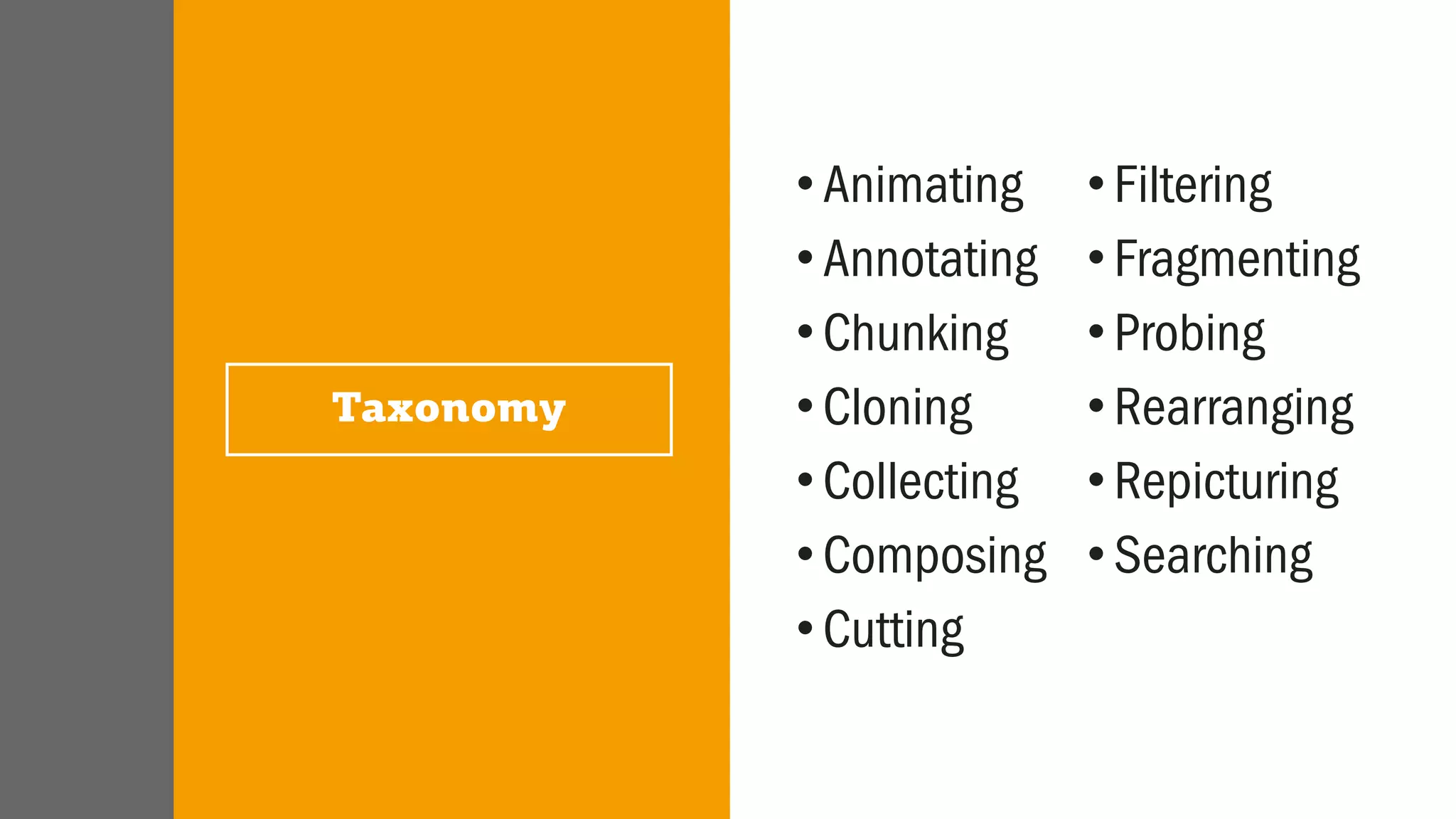 Taxonomy
•Animating
•Annotating
•Chunking
•Cloning
•Collecting
•Composing
•Cutting
•Filtering
•Fragmenting
•Probing
•Rearranging
•Repicturing
•Searching
 