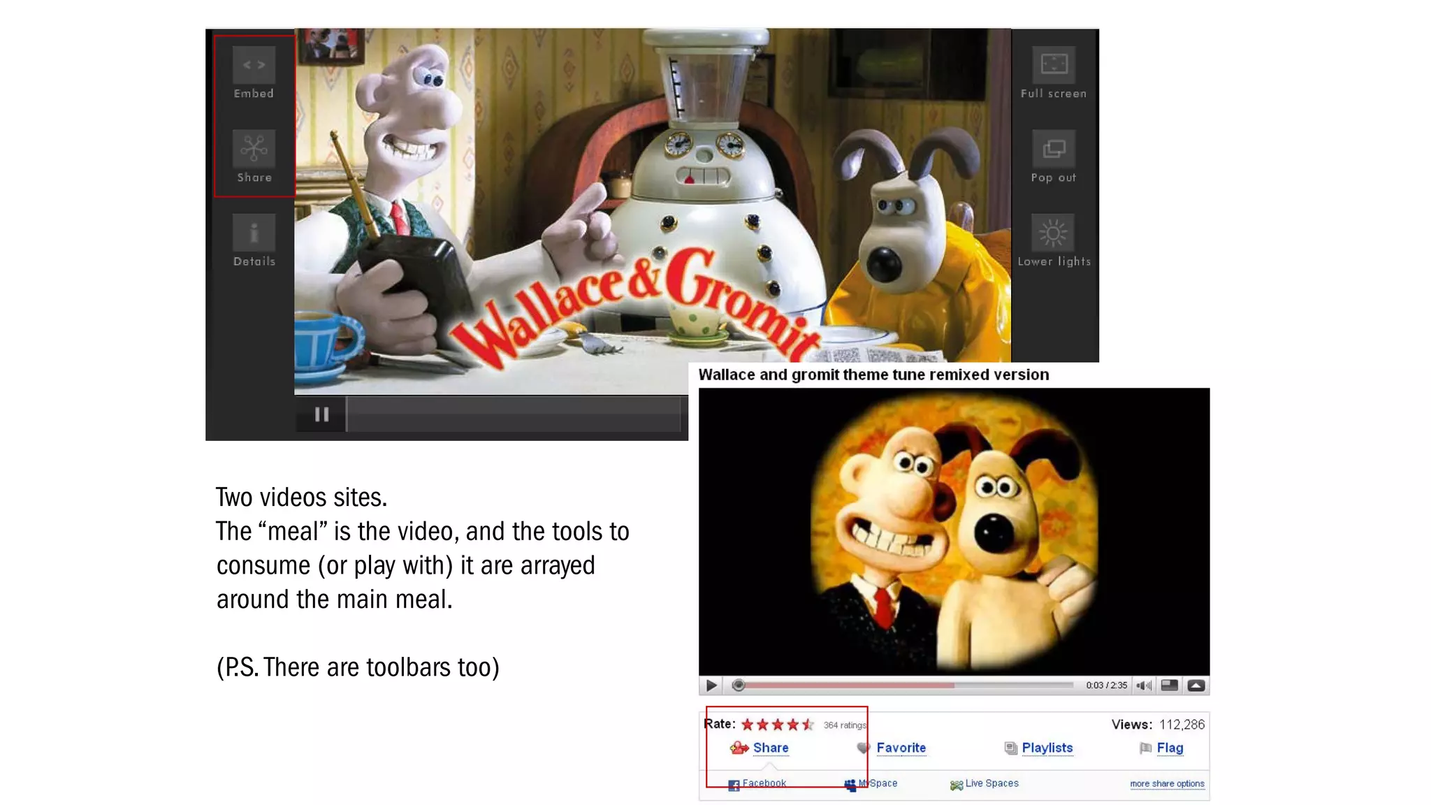 Two videos sites.
The “meal” is the video, and the tools to
consume (or play with) it are arrayed
around the main meal.
(P.S. There are toolbars too)
 