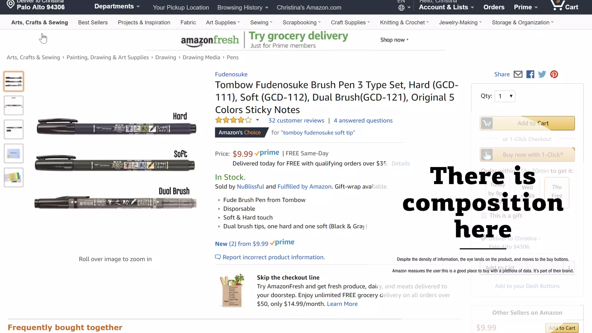 There is
composition
here
Despite the density of information, the eye lands on the product, and moves to the buy buttons.
Amazon reassures the user this is a good place to buy with a plethora of data. It’s part of their brand.
 