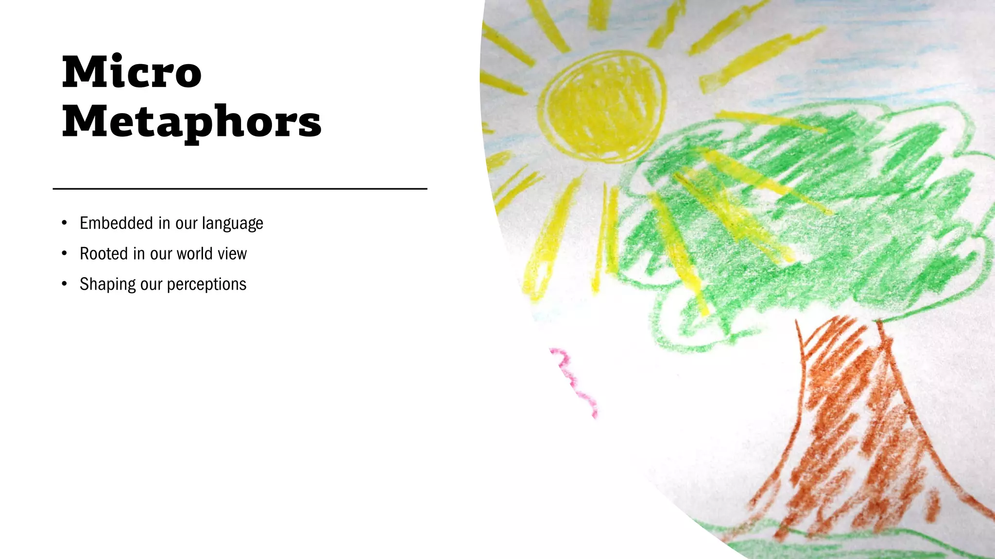 Micro
Metaphors
• Embedded in our language
• Rooted in our world view
• Shaping our perceptions
 