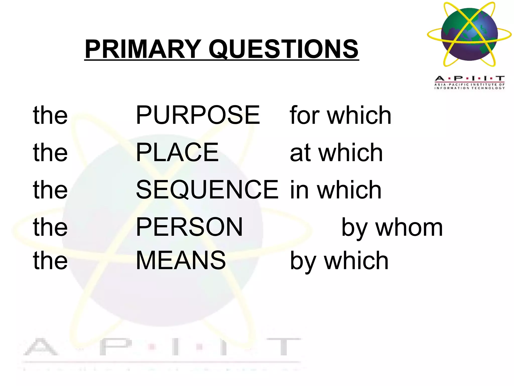 PRIMARY QUESTIONS
the
the
the
the
the

PURPOSE
PLACE
SEQUENCE
PERSON
MEANS

Overview of Management

for which
at which
in which
by whom
by which

 