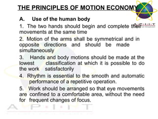 THE PRINCIPLES OF MOTION ECONOMY
A. Use of the human body
1. The two hands should begin and complete their
movements at the same time
2. Motion of the arms shall be symmetrical and in
opposite directions and should be made
simultaneously
3. Hands and body motions should be made at the
lowest
classification at which it is possible to do
the work satisfactorily
4. Rhythm is essential to the smooth and automatic
performance of a repetitive operation.
5. Work should be arranged so that eye movements
are confined to a comfortable area, without the need
for frequent changes of focus.
Overview of Management

 