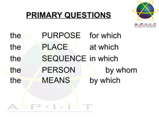 PRIMARY QUESTIONS
the
the
the
the
the

PURPOSE
PLACE
SEQUENCE
PERSON
MEANS

Overview of Management

for which
at which
in which
by whom
by which

 