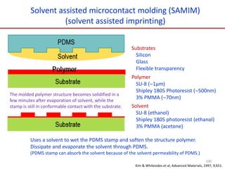 Solvent assisted microcontact molding (SAMIM)
(solvent assisted imprinting)
Kim & Whitesides et al, Advanced Materials, 1997, 9,651.
Substrates
Silicon
Glass
Flexible transparency
Polymer
SU-8 (1μm)
Shipley 1805 Photoresist (500nm)
3% PMMA (70nm)
Solvent
SU-8 (ethanol)
Shipley 1805 photoresist (ethanol)
3% PMMA (acetone)
Uses a solvent to wet the PDMS stamp and soften the structure polymer.
Dissipate and evaporate the solvent through PDMS.
(PDMS stamp can absorb the solvent because of the solvent permeability of PDMS.)
The molded polymer structure becomes solidified in a
few minutes after evaporation of solvent, while the
stamp is still in conformable contact with the substrate.
100
 