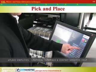 giuseppe.maruccio@unisalento.it
Pick and Place
VIII. Micro- and Nano-fabrication techniques
└ Miniaturization & Tech.Nodes └ Semiconductor growth └ Lithography └ Etching └ Implantation └ Packaging
144
 