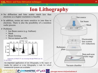 giuseppe.maruccio@unisalento.it
VIII. Micro- and Nano-fabrication techniques
└ Miniaturization & Tech.Nodes └ Semiconductor growth └ Lithography: λ, e, i, X, h/i, Altern., Soft
Ion Lithography
 No diffraction and Ions scatter much less than
electrons so a higher resolution is feasible
 In addition, resists are more sensitive to ions than to
electrons. There is also the possibility of a resistless
wafer process.
 Problems:
• Ion Beam source (e.g. Gallium)
• Mask
• Beam forming
• Not as mature as EPL
Ion beam
Step-and-scan
wafer stage
Electrostatic
lens system
(4:1 reduction)
Vacuum chamber
Ion source
Mask
Reference
plate
An important application of ion lithography is the repair of
masks for optical or x-ray lithography, a task for which
commercial systems are available.
41
 