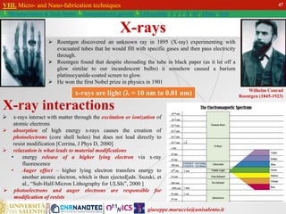 giuseppe.maruccio@unisalento.it
VIII. Micro- and Nano-fabrication techniques
└ Miniaturization & Tech.Nodes └ Semiconductor growth └ Lithography: λ, e, i, X, h/i, Altern., Soft
X-rays
Wilhelm Conrad
Roentgen (1845-1923)
x-rays are light (l = 10 nm to 0.01 nm)
 Roentgen discovered an unknown ray in 1895 (X-ray) experimenting with
evacuated tubes that he would fill with specific gases and then pass electricity
through.
 Roentgen found that despite shrouding the tube in black paper (as it let off a
glow similar to our incandescent bulbs) it somehow caused a barium
platinocyanide-coated screen to glow.
 He won the first Nobel prize in physics in 1901
X-ray interactions
 x-rays interact with matter through the excitation or ionization of
atomic electrons
 absorption of high energy x-rays causes the creation of
photoelectrons (core shell holes) but does not lead directly to
resist modification [Cerrina, J Phys D, 2000]
 relaxation is what leads to material modifications
• energy release of a higher lying electron via x-ray
fluorescence
• Auger effect – higher lying electron transfers energy to
another atomic electron, which is then ejected[eds. Suzuki, et
al., “Sub-Half-Micron Lithography for ULSIs”, 2000 ]
 photoelectrons and auger electrons are responsible for
modification of resists
47
 