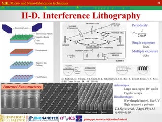 giuseppe.maruccio@unisalento.it
VIII. Micro- and Nano-fabrication techniques
└ Miniaturization & Tech.Nodes └ Semiconductor growth └ Lithography: λ, e, i, X, h/i, Altern., Soft
II-D. Interference Lithography
T.A.Savas et al., J.Appl.Phys.85
(1999) 6160
Patterned Nanostructures
51
 