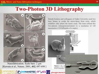 giuseppe.maruccio@unisalento.it
VIII. Micro- and Nano-fabrication techniques
└ Miniaturization & Tech.Nodes └ Semiconductor growth └ Lithography: λ, e, i, X, h/i, Altern., Soft
Nanofabrication. Scale bars: 2 m
[Kawata et al., Nature, 2001, 412, 697-698 ]
Two-Photon 3D Lithography
Satoshi Katawa and colleagues at Osaka University used two
laser beams to sculpt the micro-beast from resin, which
solidifies only where the lasers cross. The team refined this
'two-photon micropolymerization' to a resolution of 120
nanometres (120 billionths of a meter).
55
 