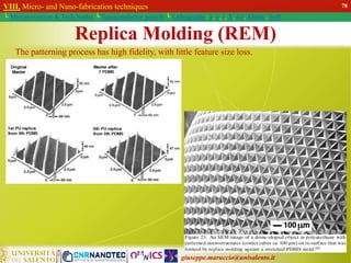 giuseppe.maruccio@unisalento.it
VIII. Micro- and Nano-fabrication techniques
└ Miniaturization & Tech.Nodes └ Semiconductor growth └ Lithography: λ, e, i, X, h/i, Altern., Soft
The patterning process has high fidelity, with little feature size loss.
Replica Molding (REM)
78
 