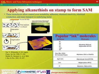 giuseppe.maruccio@unisalento.it
VIII. Micro- and Nano-fabrication techniques
└ Miniaturization & Tech.Nodes └ Semiconductor growth └ Lithography: λ, e, i, X, h/i, Altern., Soft
Applying alkanethiols on stamp to form SAM
• These monolayers allow control over wettability, adhesion, chemical reactivity, electrical
conduction, and mass transport to underlying metal
in ethanol
Xia, Y.; Whitesides, G. M. Angew.
Chem., Int. Ed. 1998, 37, 550.
Michel, B.; Bernard, A., et al. IBM
J. Res. & Dev. 2001, 45, 697.
Substrate Molecules
Popular “ink” molecules
85
 