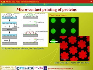 giuseppe.maruccio@unisalento.it
VIII. Micro- and Nano-fabrication techniques
└ Miniaturization & Tech.Nodes └ Semiconductor growth └ Lithography: λ, e, i, X, h/i, Altern., Soft
Micro-contact printing of proteins
BSA: bovine serum albumin, bovine albumin
(anti-Goat IgG – Alexa 488 and 594)
Fluorescent image
90
 