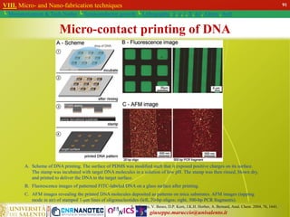 giuseppe.maruccio@unisalento.it
VIII. Micro- and Nano-fabrication techniques
└ Miniaturization & Tech.Nodes └ Semiconductor growth └ Lithography: λ, e, i, X, h/i, Altern., Soft
Micro-contact printing of DNA
S.A. Lange, V. Benes, D.P. Kern, J.K.H. Horber, A. Bernard, Anal. Chem. 2004, 76, 1641.
A. Scheme of DNA printing. The surface of PDMS was modified such that it exposed positive charges on its surface.
The stamp was incubated with target DNA molecules in a solution of low pH. The stamp was then rinsed, blown dry,
and printed to deliver the DNA to the target surface.
B. Fluorescence images of patterned FITC-labeled DNA on a glass surface after printing.
C. AFM images revealing the printed DNA molecules deposited as patterns on mica substrates. AFM images (tapping
mode in air) of stamped 1-μm lines of oligonucleotides (left, 20-bp oligos; right, 500-bp PCR fragments).
91
 