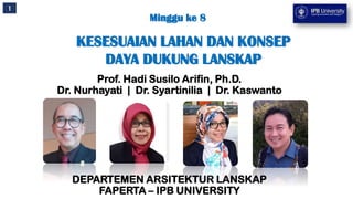 Minggu ke 8
KESESUAIAN LAHAN DAN KONSEP
DAYA DUKUNG LANSKAP
1
Prof. Hadi Susilo Arifin, Ph.D.
Dr. Nurhayati | Dr. Syartinilia | Dr. Kaswanto
DEPARTEMEN ARSITEKTUR LANSKAP
FAPERTA – IPB UNIVERSITY
 