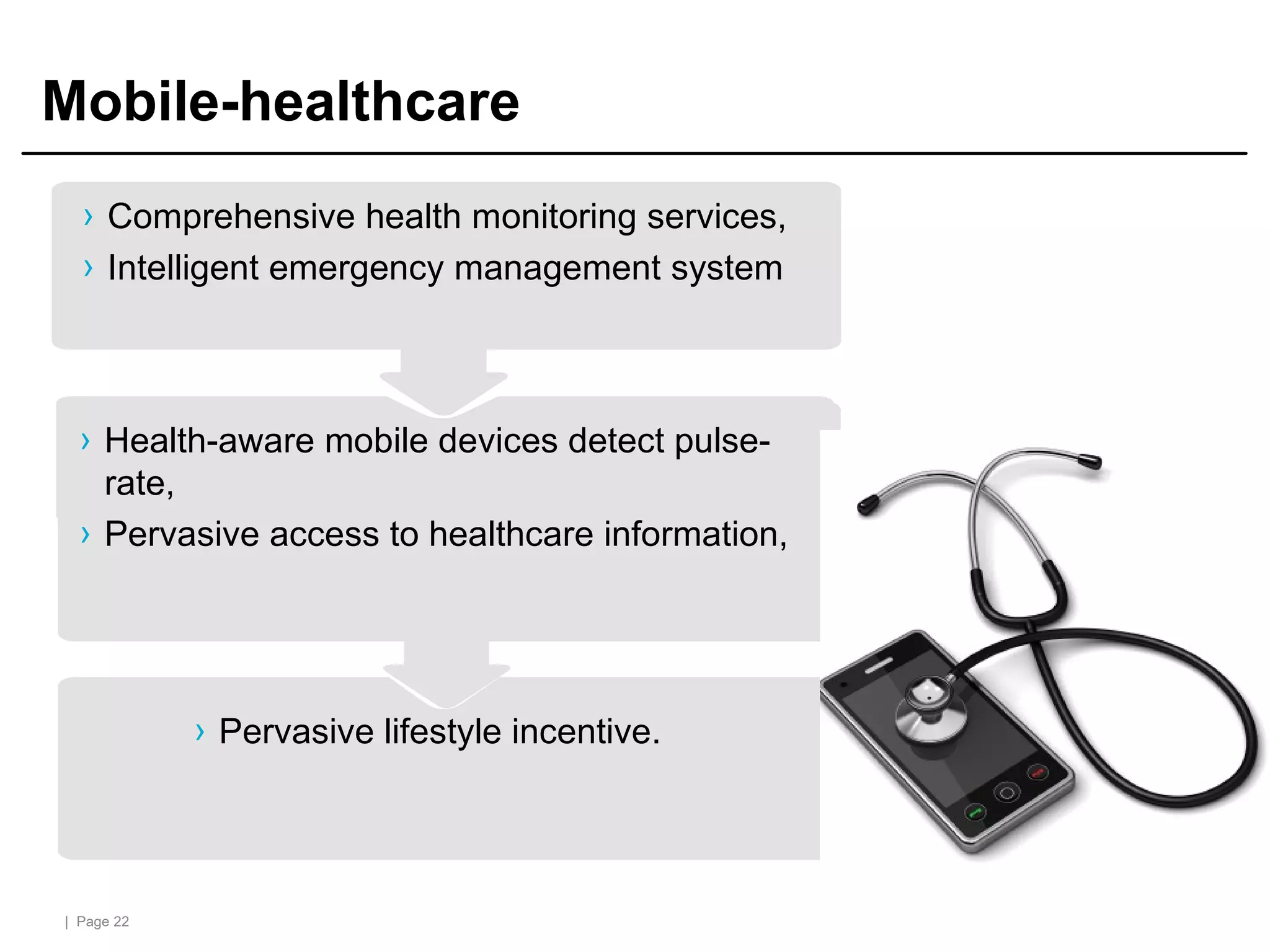 | Page 22
Mobile-healthcare
› Comprehensive health monitoring services,
› Intelligent emergency management system
› Health-aware mobile devices detect pulse-
rate,
› Pervasive access to healthcare information,
› Pervasive lifestyle incentive.
 