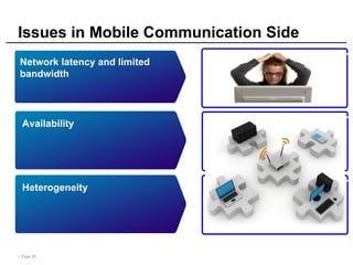 | Page 26
Issues in Mobile Communication Side
Availability
Heterogeneity
Network latency and limited
bandwidth
 