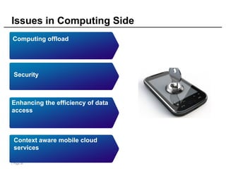 | Page 30
Issues in Computing Side
Availability
Context aware mobile cloud
services
Computing offload
Security
Enhancing the efficiency of data
access
 