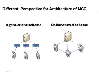 | Page 7
Different Perspective for Architecture of MCC
Agent-client scheme Collaborated scheme
 