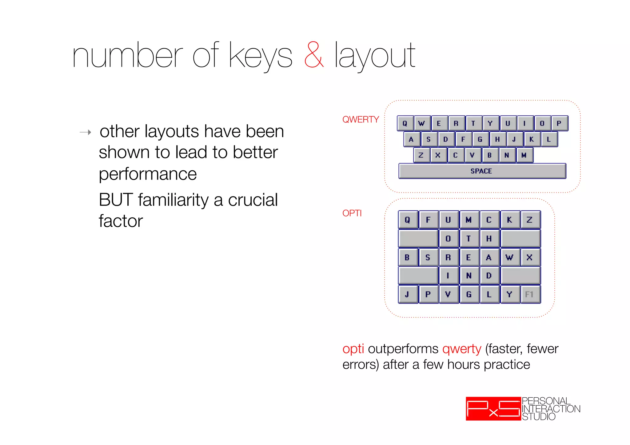 number of keys & layout
                              QWERTY
➝ other layouts have been
  shown to lead to better
  performance 
 
BUT familiarity a crucial
                              OPTI
  factor




                              opti outperforms qwerty (faster, fewer
                              errors) after a few hours practice
 