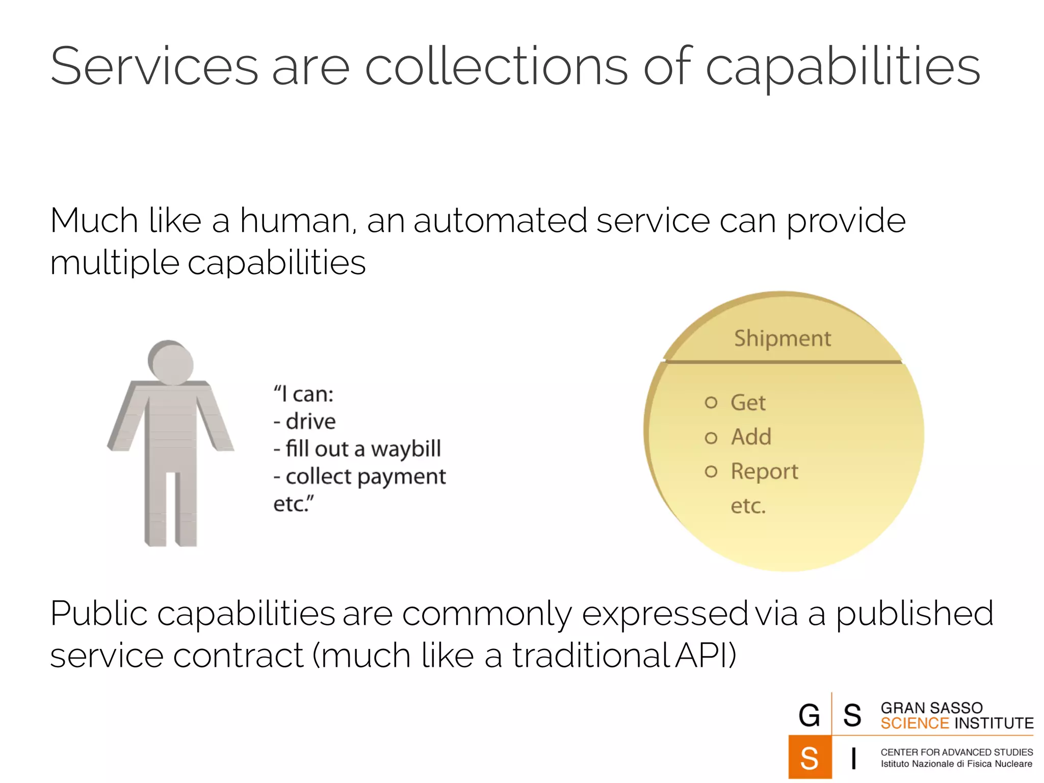 Services are collections of capabilities
Much like a human, an automated service can provide
multiple capabilities
Public capabilities are commonly expressedvia a published
service contract (much like a traditionalAPI)
 