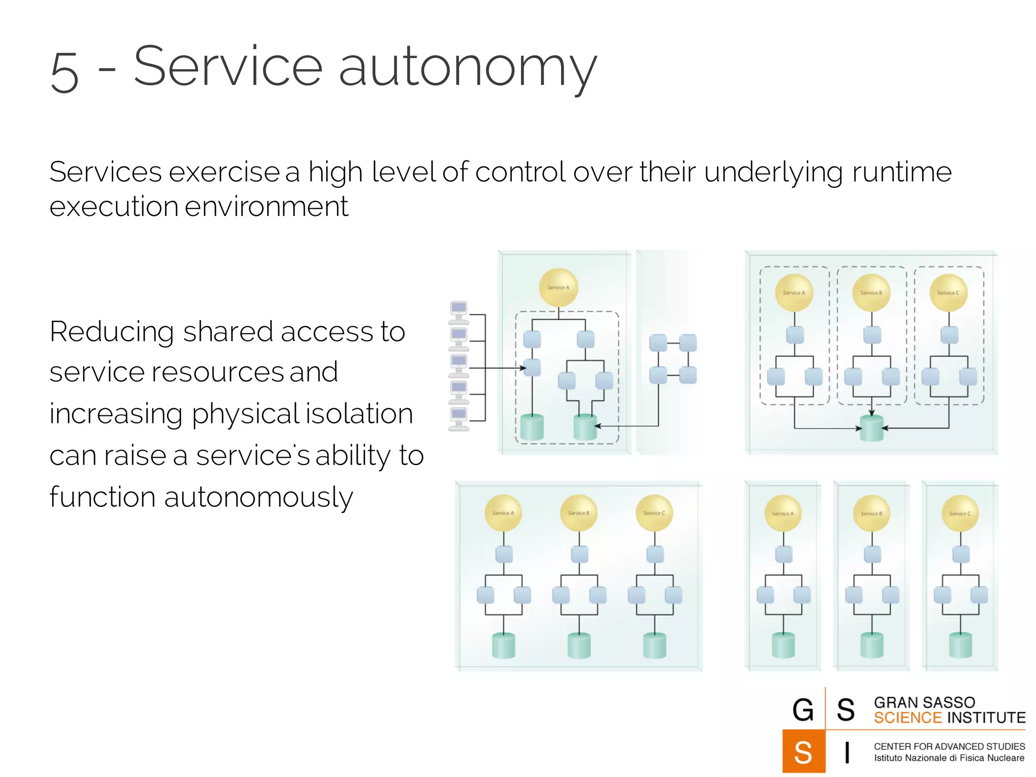 5 - Service autonomy
Services exercise a high level of control over their underlying runtime
execution environment
Reducing shared access to
service resources and
increasing physical isolation
can raise a service's ability to
function autonomously
 