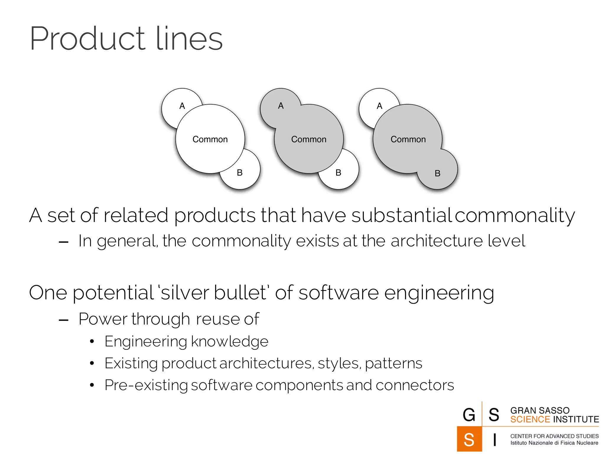 Product lines
A set of related products that have substantialcommonality
– In general, the commonality exists at the architecture level
One potential ‘silver bullet’ of software engineering
– Power through reuse of
• Engineering knowledge
• Existing product architectures, styles, patterns
• Pre-existing software components and connectors
B
A
B
Common
A
Common
A
Common
B
(a) (b) (c)
 