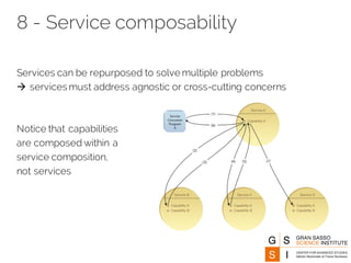 8 - Service composability
Services can be repurposed to solve multiple problems
à services must address agnostic or cross-cutting concerns
Notice that capabilities
are composed within a
service composition,
not services
 