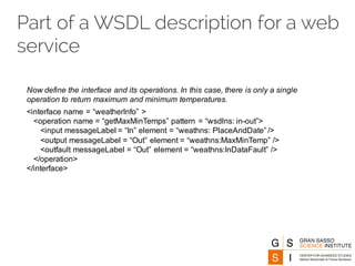 Part of a WSDL description for a web
service
Now define the interface and its operations. In this case, there is only a single
operation to return maximum and minimum temperatures.
<interface name = “weatherInfo” >
<operation name = “getMaxMinTemps” pattern = “wsdlns: in-out”>
<input messageLabel = “In” element = “weathns: PlaceAndDate” />
<output messageLabel = “Out” element = “weathns:MaxMinTemp” />
<outfault messageLabel = “Out” element = “weathns:InDataFault” />
</operation>
</interface>
 