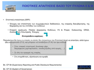 Εποπτική επισκόπηση ( SRP ) :  Έλεγχος και επισκόπηση των συμμορφωτικών διαδικασιών, της εταιρικής διακυβέρνησης, της διαχείρισης και του επιπέδου των κινδύνων  Εταιρική οργάνωση, Πλαίσιο Διαχείρισης Κινδύνων,  Fit &   Pr ο per, Outsourcing, ORSA,  Αναλογιστική, Εσωτερικός  Έλεγχος Επιπρόσθετα κεφάλαια ;   Πλεονέκτημα θα έχουν οι εταιρίες οι οποίες δεν περιμένουν την Εποπτική Αρχή να απαιτήσει, αλλά έχουν   ήδη ενσωματώσει (Π ΙΙ), και μπορούν να αποδείξουν (Π ΙΙΙ) τον όρο κίνδυνο  Στην εταιρική στρατηγική ( business plan,    διαμόρφωση χαρτοφυλακίου, είσοδος/έξοδος από αγορές, …) Σε όλη την ιεραρχία της εταιρίας Στη στοχοθέτηση, αξιολόγηση και αμοιβή Βλ.  CP 58 (Supervisory Reporting and Public Disclosure Requirements)  Βλ.  CP 33 (System of Governance)  ΠΟΙΟΤΙΚΕΣ ΑΠΑΙΤΗΣΕΙΣ ΒΑΣΕΙ ΤΟΥ ΠΥΛΩΝΑ ΙΙ & ΙΙΙ 