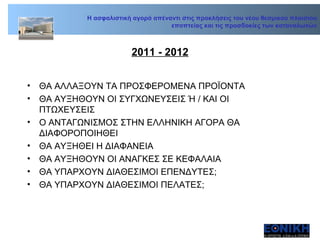 2011 - 2012 ΘΑ ΑΛΛΑΞΟΥΝ ΤΑ ΠΡΟΣΦΕΡΟΜΕΝΑ ΠΡΟΪΟΝΤΑ ΘΑ ΑΥΞΗΘΟΥΝ ΟΙ ΣΥΓΧΩΝΕΥΣΕΙΣ Ή / ΚΑΙ ΟΙ ΠΤΩΧΕΥΣΕΙΣ Ο ΑΝΤΑΓΩΝΙΣΜΟΣ ΣΤΗΝ ΕΛΛΗΝΙΚΗ ΑΓΟΡΑ ΘΑ ΔΙΑΦΟΡΟΠΟΙΗΘΕΙ  ΘΑ ΑΥΞΗΘΕΙ Η ΔΙΑΦΑΝΕΙΑ ΘΑ ΑΥΞΗΘΟΥΝ ΟΙ ΑΝΑΓΚΕΣ ΣΕ ΚΕΦΑΛΑΙΑ ΘΑ ΥΠΑΡΧΟΥΝ ΔΙΑΘΕΣΙΜΟΙ ΕΠΕΝΔΥΤΕΣ; ΘΑ ΥΠΑΡΧΟΥΝ ΔΙΑΘΕΣΙΜΟΙ ΠΕΛΑΤΕΣ;  Η ασφαλιστική αγορά απέναντι στις προκλήσεις του νέου θεσμικού πλαισίου εποπτείας και τις προσδοκίες των καταναλωτών 