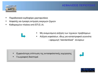 ΑΣΦΑΛΙΣΕΙΣ ΠΕΡΙΟΥΣΙΑΣ Παραδοσιακά κερδοφόρο χαρτοφυλάκιο Ασφαλής και έγκαιρη εκτίμηση εκκρεμών ζημιών Καθορισμένο πλαίσιο από ΕΠ.Ε.Ι.Α . Μη αναμενόμενη αύξηση των τεχνικών προβλέψεων Αύξηση κεφαλαίων ,  ιδίως για καταστροφικά γεγονότα : -  εφαρμογή  “standardised”  σεναρίων Εμφανέστερη επίπτωση της αντασφαλιστικής εκχώρησης Γεωγραφική διασπορά 