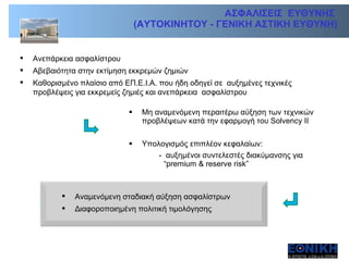 ΑΣΦΑΛΙΣΕΙΣ  ΕΥΘΥΝΗΣ  (ΑΥΤΟΚΙΝΗΤΟΥ - ΓΕΝΙΚΗ ΑΣΤΙΚΗ ΕΥΘΥΝΗ) Ανεπάρκεια ασφαλίστρου Αβεβαιότητα στην εκτίμηση εκκρεμών ζημιών Καθορισμένο πλαίσιο από ΕΠ . Ε . Ι . Α .  που ήδη οδηγεί σε  αυξημένες τεχνικές προβλέψεις για εκκρεμείς ζημιές και ανεπάρκεια  ασφαλίστρου  Μη αναμενόμενη περαιτέρω αύξηση των τεχνικών προβλέψεων κατά την εφαρμογή του  Solvency II Υπολογισμός επιπλέον κεφαλαίων :   -  αυξημένοι συντελεστές διακύμανσης για  “premium & reserve risk” Αναμενόμενη σταδιακή αύξηση ασφαλίστρων Διαφοροποιημένη πολιτική τιμολόγησης 
