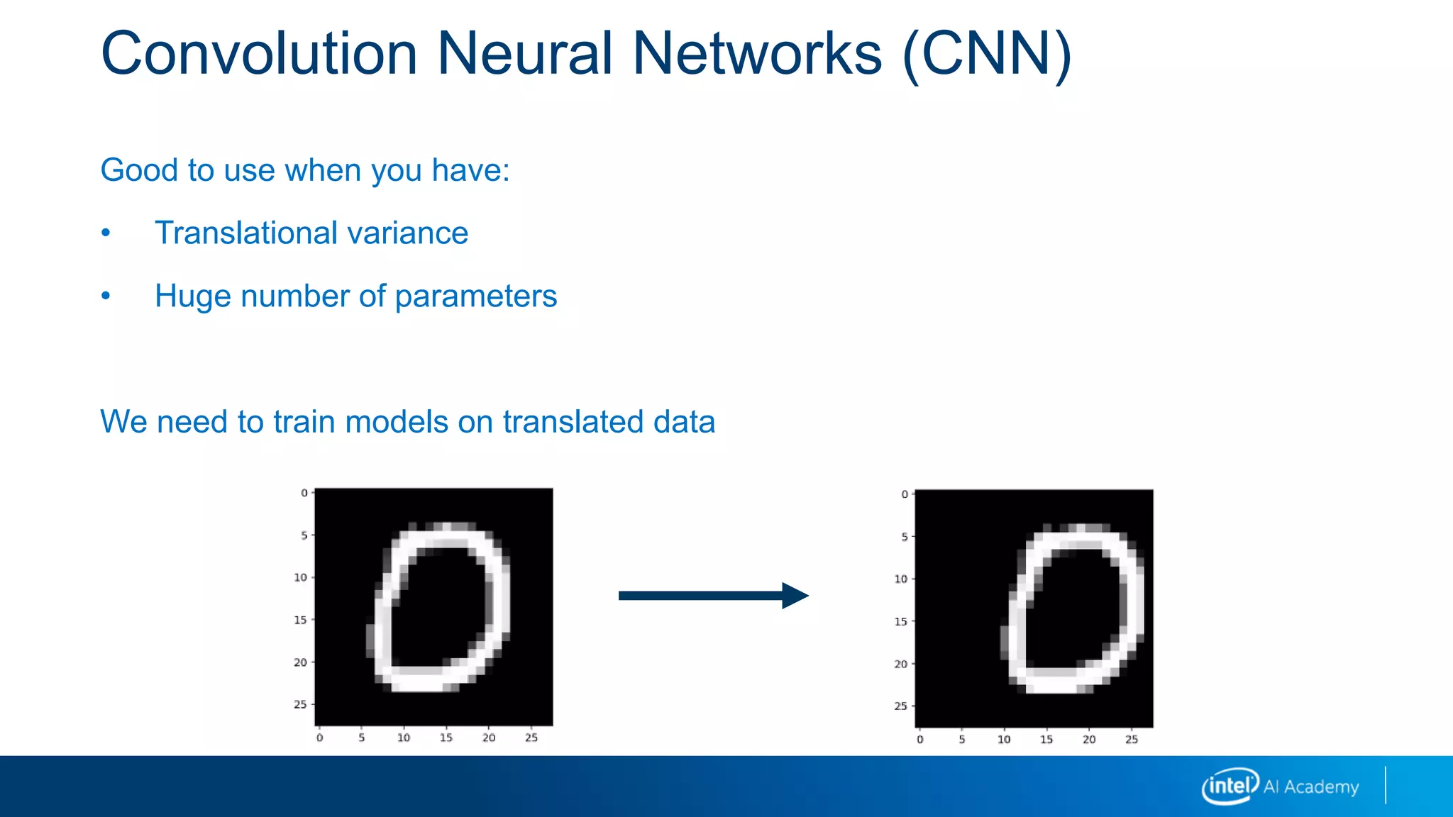 Convolution Neural Networks (CNN)
Good to use when you have:
• Translational variance
• Huge number of parameters
We need to train models on translated data
 