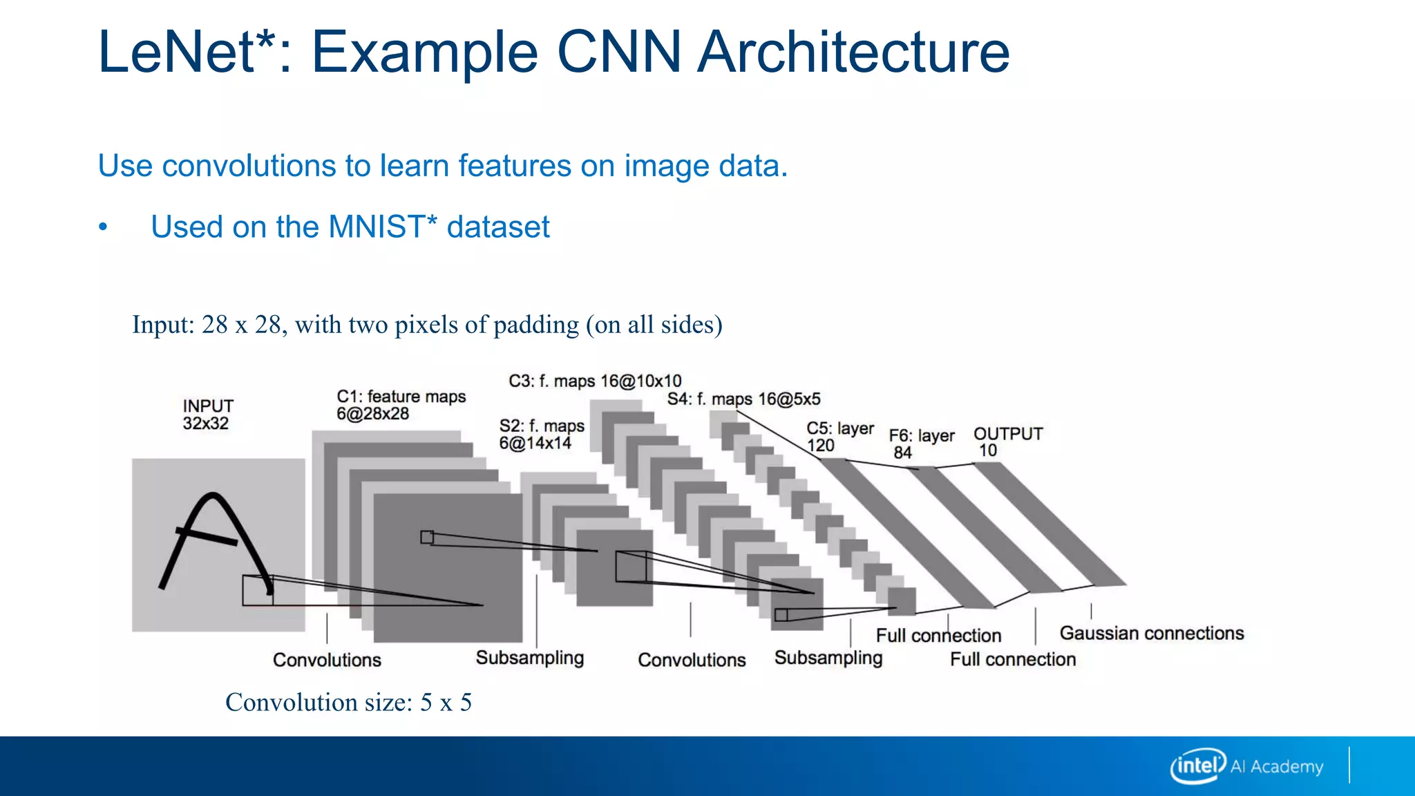 LeNet*: Example CNN Architecture
Use convolutions to learn features on image data.
• Used on the MNIST* dataset
Input: 28 x 28, with two pixels of padding (on all sides)
Convolution size: 5 x 5
 
