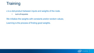 Training
z is a dot-product between inputs and weights of the node.
• sum-of-squares
We initialize the weights with constants and/or random values.
Learning is the process of finding good weights.
 
