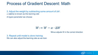 Process of Gradient Descent: Math
2. Adjust the weight by subtracting some amount of ∆𝑊.
𝛼 (alpha) is known as the learning rate
A hyper-parameter we choose
3. Repeat until model is done training.
We can also adjust the learning rate as we train
𝑊: = 𝑊 − 𝛼 ∙ ∆𝑊
Minus adjusts W in the correct direction
 