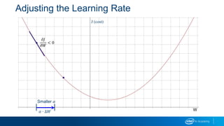 J (cost)
W
𝜕𝐽
𝜕𝑊
< 0
Adjusting the Learning Rate
𝛼 ∙ ∆𝑊
Smaller 𝛼
 