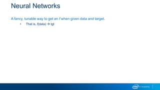 Neural Networks
A fancy, tunable way to get an f when given data and target.
• That is, f(data)  tgt
 