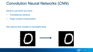 Convolution Neural Networks (CNN)
Good to use when you have:
• Translational variance
• Huge number of parameters
We need to train models on translated data
 