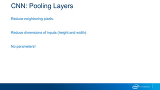 CNN: Pooling Layers
Reduce neighboring pixels.
Reduce dimensions of inputs (height and width).
No parameters!
 